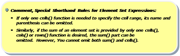 Rounded Rectangle:   Comment, Special Shorthand Rules for Element Set Expressions:
§	If only one cells() function is needed to specify the cell range, its name and parenthesis can be omitted.  
§	Similarly, if the sum of an element set is provided by only one cells(), cols() or rows() function is desired, the sum() part can be omitted.  However, You cannot omit both sum() and cells().  



